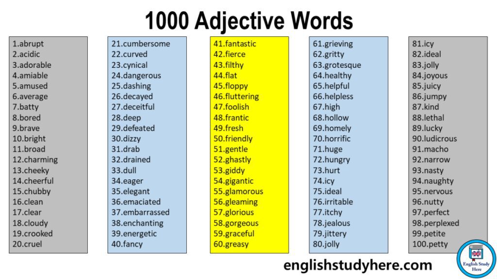 list of adjectives for descriptive composition writing
